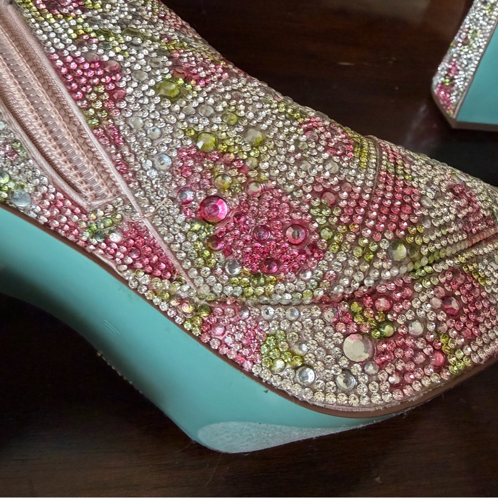 Betsey Johnson Della Pink Floral rhinestone Platform Boot with Teal Heel - Picture 11 of 16
